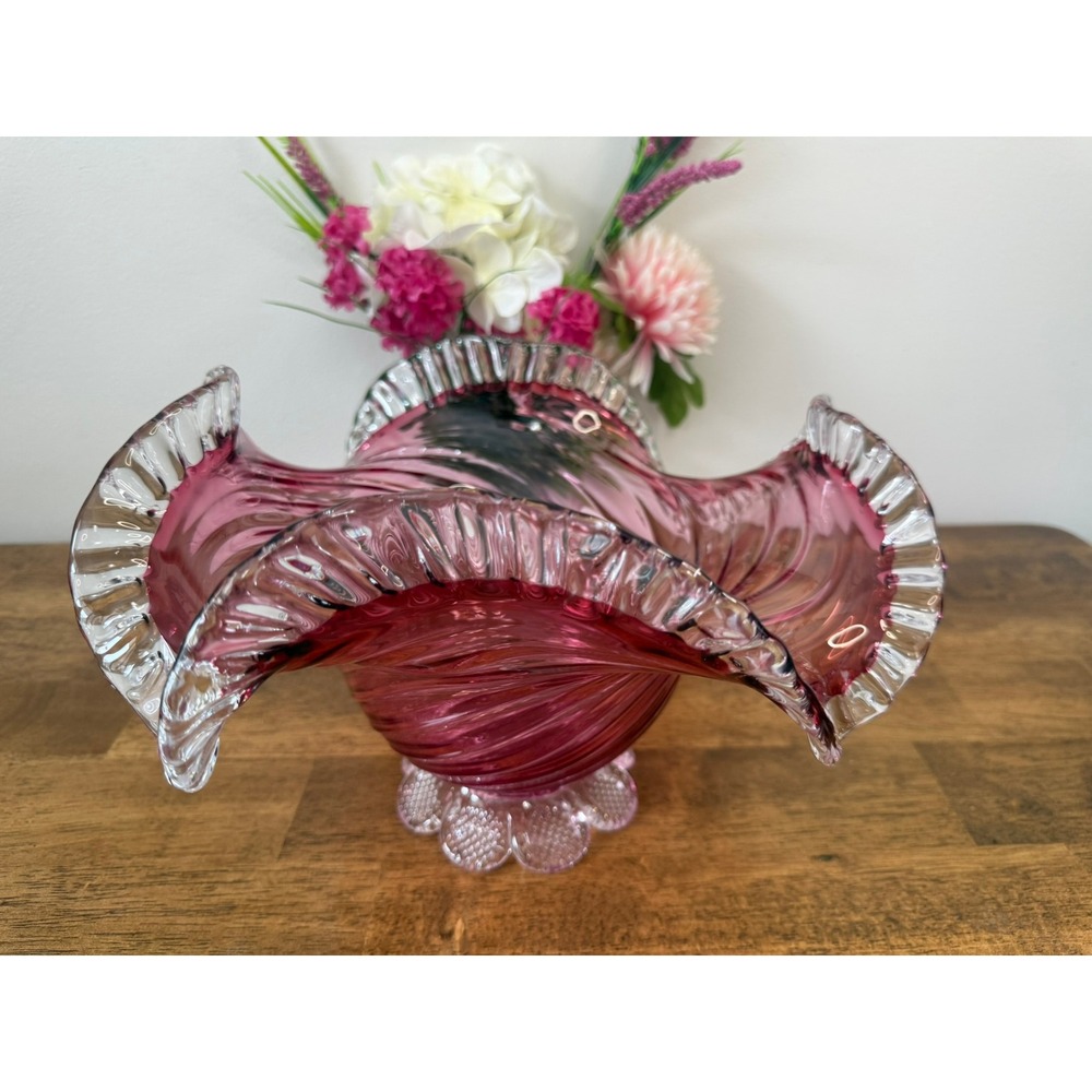 Vintage‎ Pink Cased Swirl Art Glass Centerpiece Bowl Clear Ruffled Rim Pedestal
